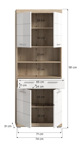 Hochschrank in Holzoptik mit weißen Fronten, 191 mal 74 mal 31 Zentimeter, mit Türen, Schublade und offenen Fächern inklusive Maßangaben.