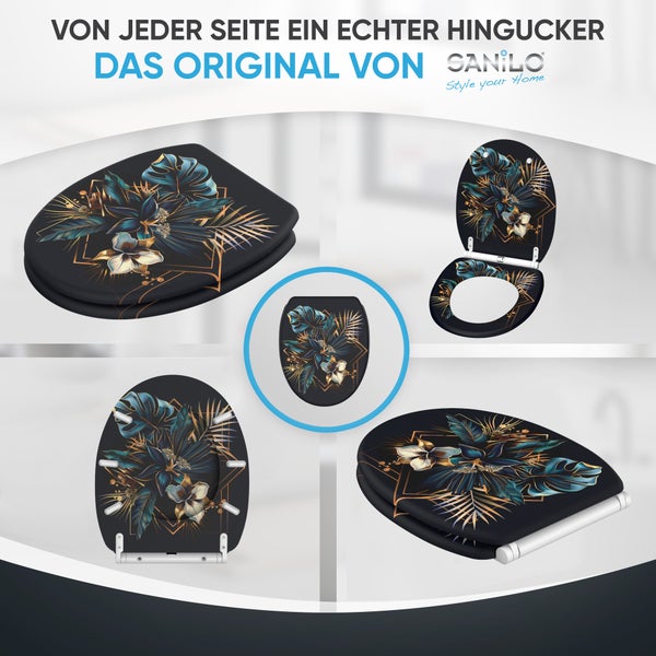 Sanilo WC Sitz mit tropischem Blumenmotiv in verschiedenen Perspektiven dargestellt inklusive Sanilo Logo