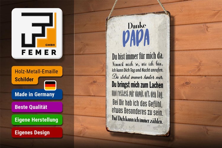 Blechschild Spruch 20x30cm Danke Papa du bist für mich da
