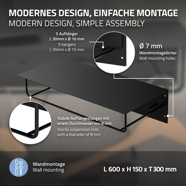 ML-Design 4er Set Wandgarderobe mit Hakenleiste, Kleiderstange & Hutablage, 60x30x15 cm, Schwarz, Metall Flurgarderobe für Jacken & Mäntel, Garderobe, Wandmontage, Garderobenpaneel hängend für Eingang