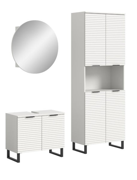 Badezimmermöbel-Set in Weiß mit rundem Spiegel, Waschbeckenunterschrank und Hochschrank mit Lamellenfront und schwarzen Füßen.