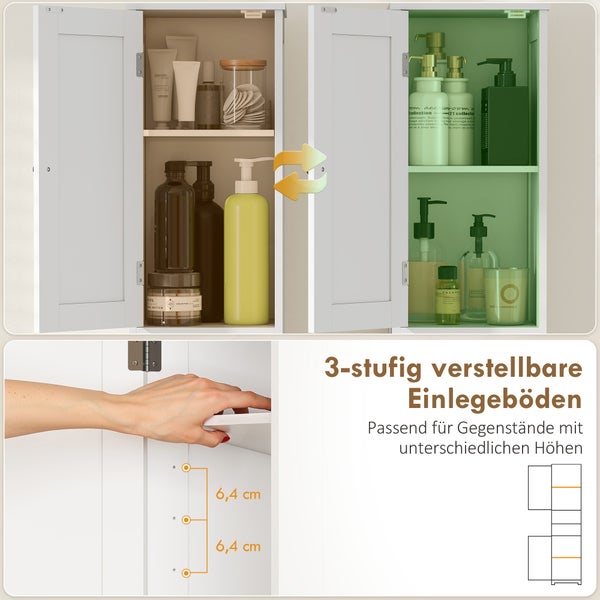 Weißer Badezimmerschrank mit drei stufig verstellbaren Einlegeböden im Abstand von 6,4 Zentimetern für verschieden hohe Gegenstände.