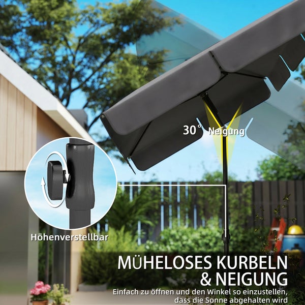 Sonnenschirm im Garten mit 30 Grad Neigungsfunktion und Detailansicht der Höhenverstellung am Mast.