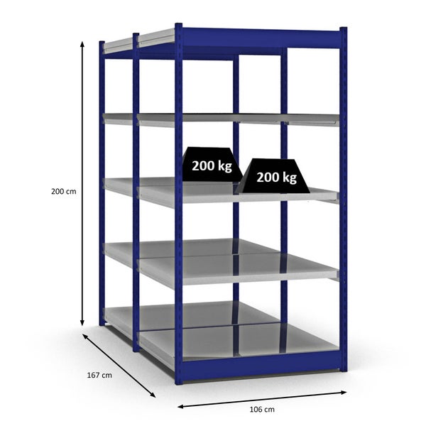 PROREGAL Fachbodenregal Stecksystem Vierkant-Profil Grundregal HxBxT 200 x 102,5 x 80 cm 2x5 Ebenen Doppelseitige Bauart Fachlast 200 kg Enzianblau