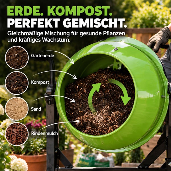 Ein Betonmischer wird genutzt, um Gartenerde, Kompost, Sand und Rindenmulch zu einer gleichmäßigen Mischung für gesundes Pflanzenwachstum zu mischen.