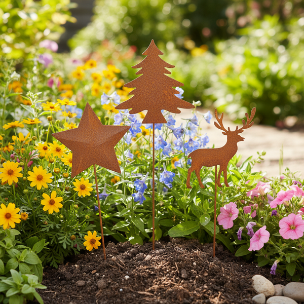 Gartenstecker-Set aus Edelrost mit den Motiven Stern, Tannenbaum und Hirsch in einem blühenden Blumenbeet.