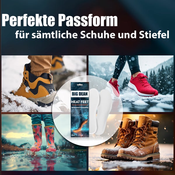 Big Dean Heat Feet Sohlenwärmer mit perfekter Passform für verschiedene Schuhe und Stiefel wie Wanderschuhe, Sneaker, Gummistiefel und Winterschuhe.