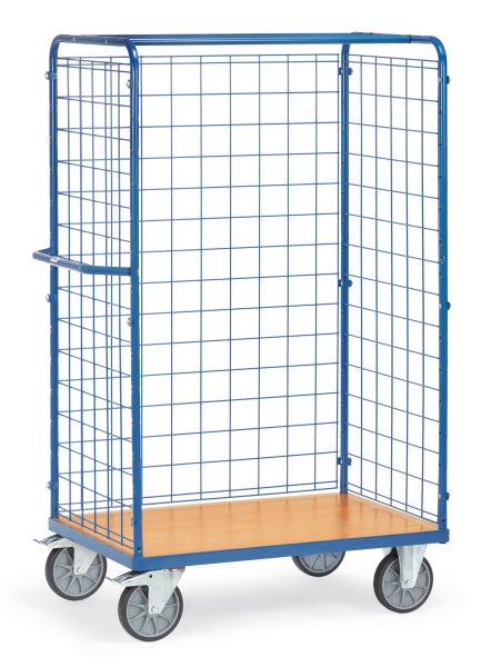 Gitterwagen mit Holzplattform und Rädern