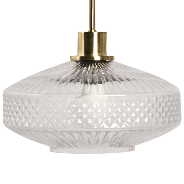 Pendelleuchte mit transparentem Glasschirm und goldenen Akzenten