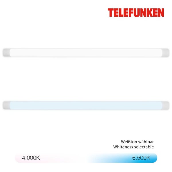 Telefunken LED-Leuchte mit wählbarem Weißton von 4.000 Kelvin bis 6.500 Kelvin, Telefunken Logo.