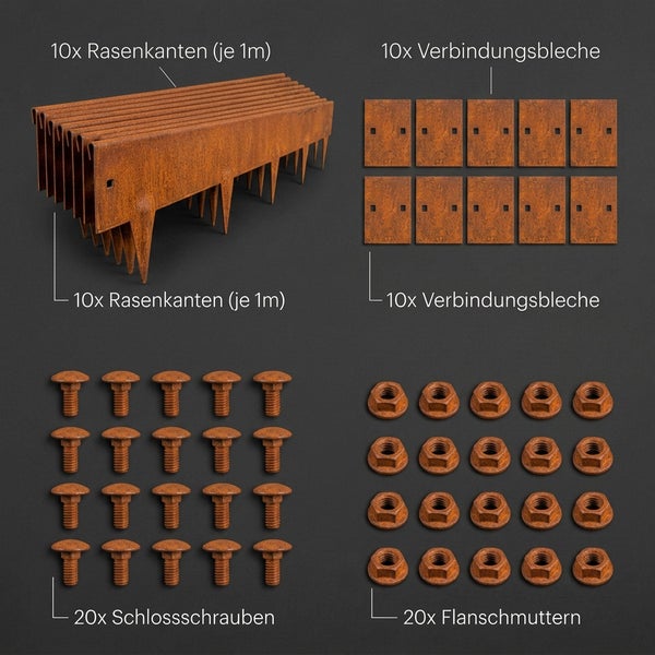 Set mit 10 Rasenkanten aus Metall in Rostoptik, inklusive 10 Verbindungsblechen, 20 Schlossschrauben und 20 Flanschmuttern zur Gartenbegrenzung.