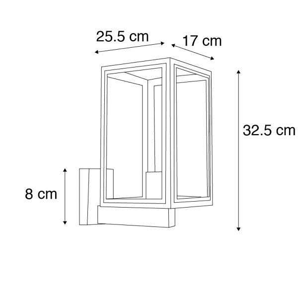 Maßzeichnung einer Außenwandleuchte mit 25.5 Zentimeter Breite, 17 Zentimeter Tiefe, 32.5 Zentimeter Höhe und 8 Zentimeter Halterung.