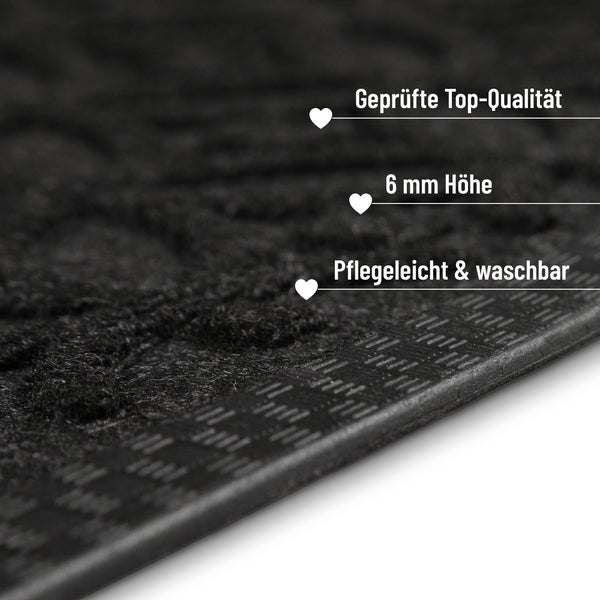 Nahaufnahme einer Fußmatte mit 6 Millimeter Höhe, pflegeleicht, waschbar und in geprüfter Qualität.