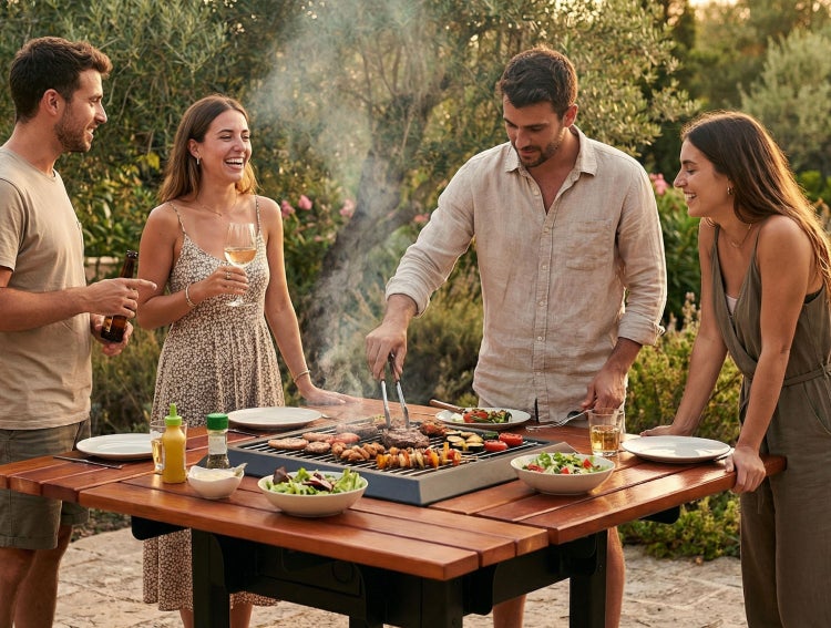 Vier Personen beim Grillen von Fleisch und Gemüse an einem hölzernen Gartentisch mit integriertem Grill in einem sonnigen Garten.