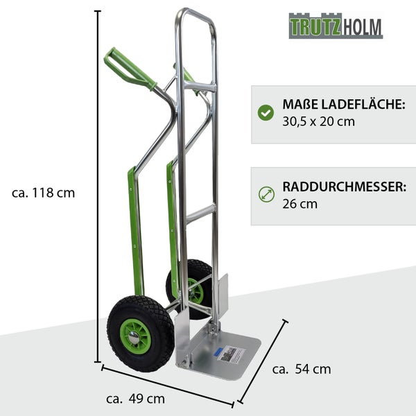 Trutzholm Sackkarre mit Luftreifen, 118 cm Höhe, Ladefläche 30,5 mal 20 cm, Raddurchmesser 26 cm, stabile Transportkarre aus Metall.