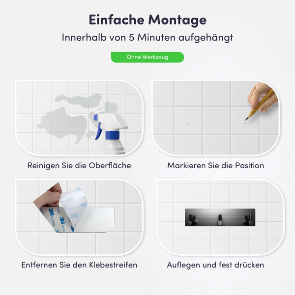 Infografik zur Montage einer Hakenleiste ohne Werkzeug in vier Schritten: Oberfläche reinigen, Position markieren, Klebestreifen abziehen, festdrücken.