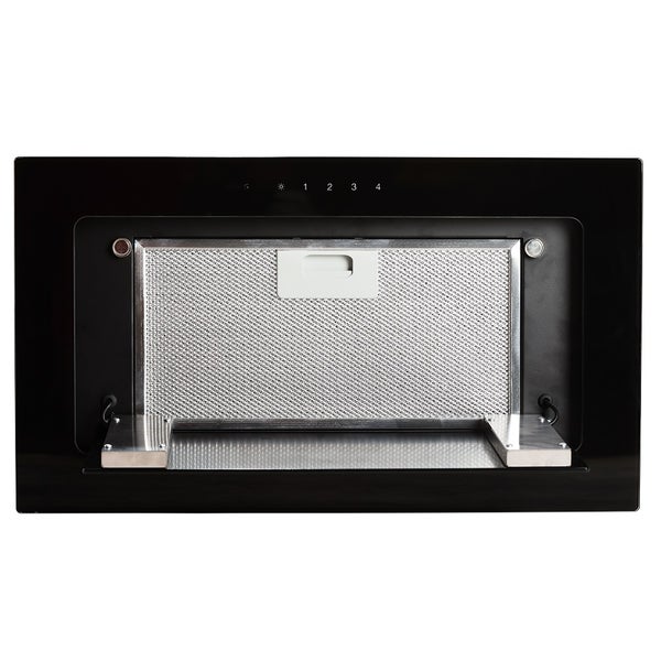 Unteransicht einer schwarzen Einbau-Dunstabzugshaube mit Metall-Fettfilter, zwei Leuchten und Bedienpanel mit Stufen eins bis vier.