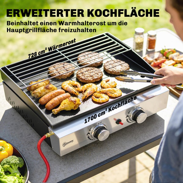 Outsunny Gas-Tischgrill mit 1700 Quadratzentimeter Kochfläche, 728 Quadratzentimeter Warmhalterost und zwei Drehreglern.