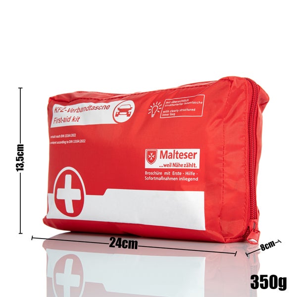KFZ-Verbandtasche mit Malteser Logo und Erste-Hilfe-Material gemäß DIN 13164:2022, 24 x 13,5 x 8 cm, 350 g