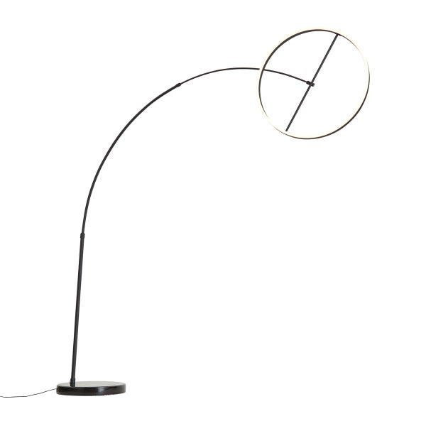 Moderne schwarze LED-Bogenstehlampe mit kreisförmigem Leuchtenkopf und Metallgestell.