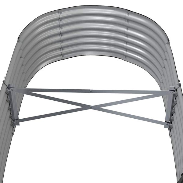 Detailansicht eines Hochbeets aus gewelltem Metall mit stabilisierenden Querstreben im Inneren.