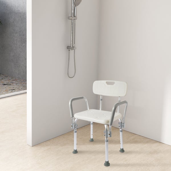 EMKE Duschhocker für Senioren – Duschstuhl mit Armlehnen und Rückenlehne, höhenverstellbarer Duschsitz, Badhocker für Dusche und Badewanne, belastbar bis 135 kg, Weiß
