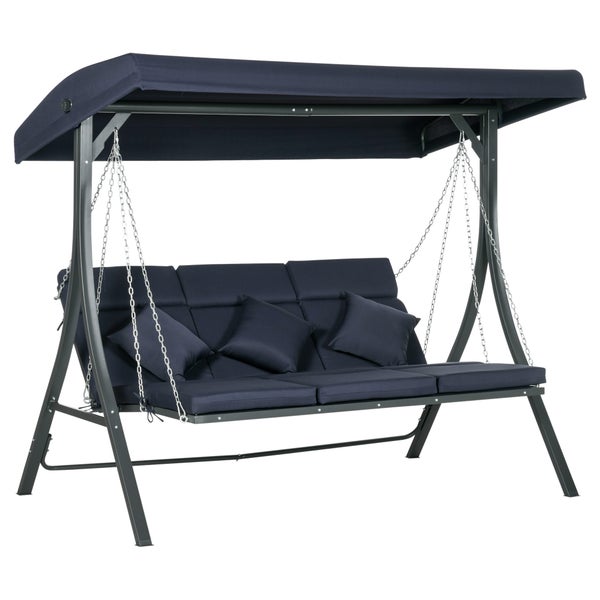 Outsunny Hollywoodschaukel 3-Sitzer, Schaukelbank mit Verstellbarem Sonnendach, Gartenschaukel mit Kissen, bis 270 kg Belastbar, Metall, Texteline, Dunkelblau, 198 x 118 x 168 cm