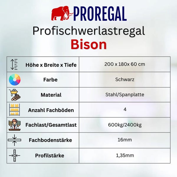 PROREGAL Profi Schwerlastregal Bison HxBxT 200 x 180 x 60 cm 4 Spanplatten-Ebenen 16mm Fachlast 600 kg Schwarz