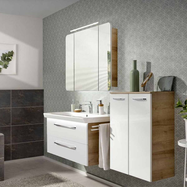 FACKELMANN MILANO Badmöbel Set 2 Teile – Waschtisch mit Unterschrank fürs Bad – Waschbeckenunterschrank mit Schubladen in Weiß mit Holz braun – Badschrank hängend – 90 cm breit
