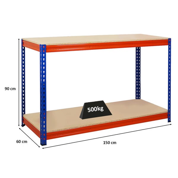 PROREGAL Profi Werkbank STRONG BEAST, HxBxT 90x150x60cm mit Fachlast 500kg, 2 Ebenen, Blau-Orange
