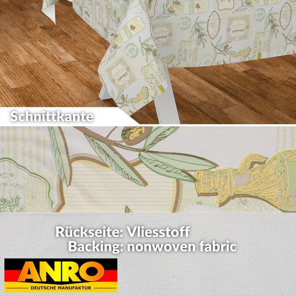 Tischdecke mit Olivenmuster, Detailansicht der Schnittkante und der Vliesstoff-Rückseite. ANRO Logo.