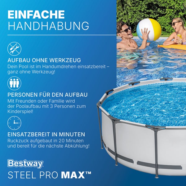 Bestway Steel Pro MAX Pool mit Personen beim Schwimmen, werkzeugfreier Aufbau, empfohlen für drei Personen, einsatzbereit in zwanzig Minuten. Bestway Logo.