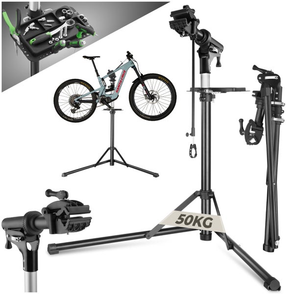 Fahrradmontageständer tectake Jan inklusive Vorderrad-Stabilisator und magnetischer Werkzeugablage Belastbarkeit 50 kg, klappbar mit Schnellverschlüssen grau/schwarz