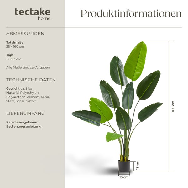Künstlicher Paradiesvogelbaum tectake Tropic stabiler Kunststoff-Blumentopf verschiedene Größen grün