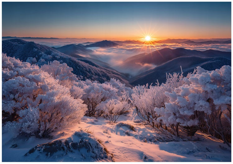 Winterlandschaft mit schneebedeckten Bergen und Sonnenaufgang