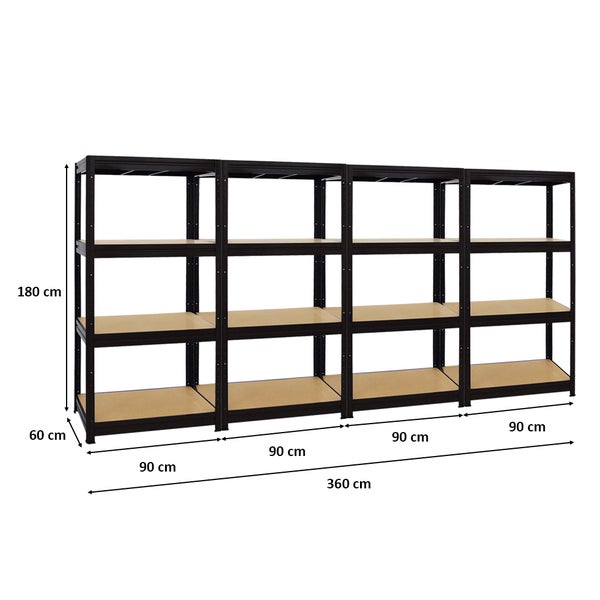 PROREGAL Mega Deal 4er-Sparset Profi-Schwerlastregal DINO HxBxT 180x90x60cm Fachlast 600kg Schwarz