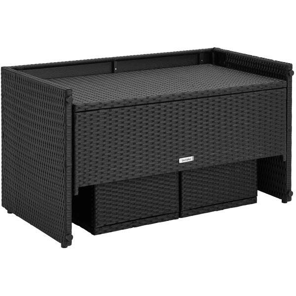 Schwarze tectake Auflagenbox aus Polyrattan mit zwei ausziehbaren Aufbewahrungskörben.