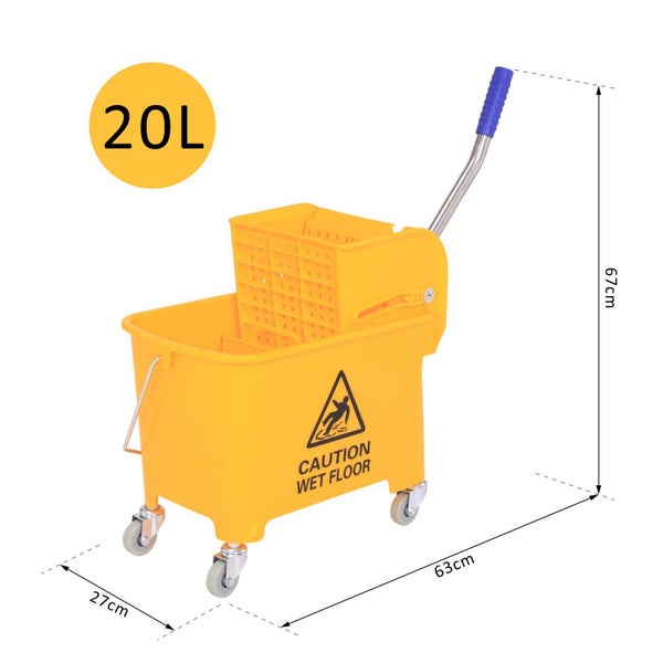 HOMCOM Putzwagen Fahreimer Putzeimer 20 Liter Wischwagen mit Presse 2 Kammern Gelb