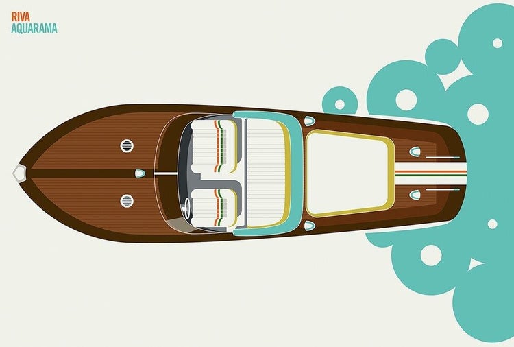 Illustration eines Riva Aquarama Motorboots aus Holz in der Draufsicht.