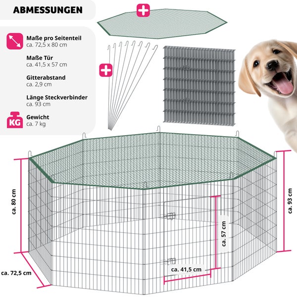 Abmessungen eines Hundeauslaufs mit Abdeckung und Zubehör