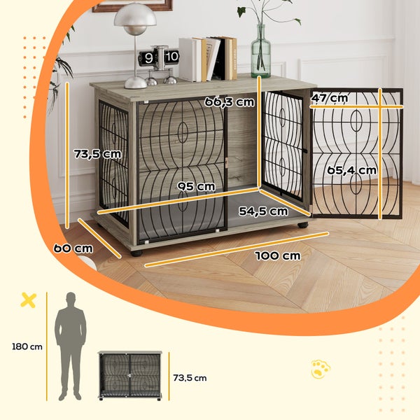 PawHut Hundekäfig für Zuhause, Hundehütte, Indoor Haustierkäfig mit Kissen, Hundehaus mit Fenster, Hundebox für große Hunde, Grau, 100 x 60 x 73,5 cm