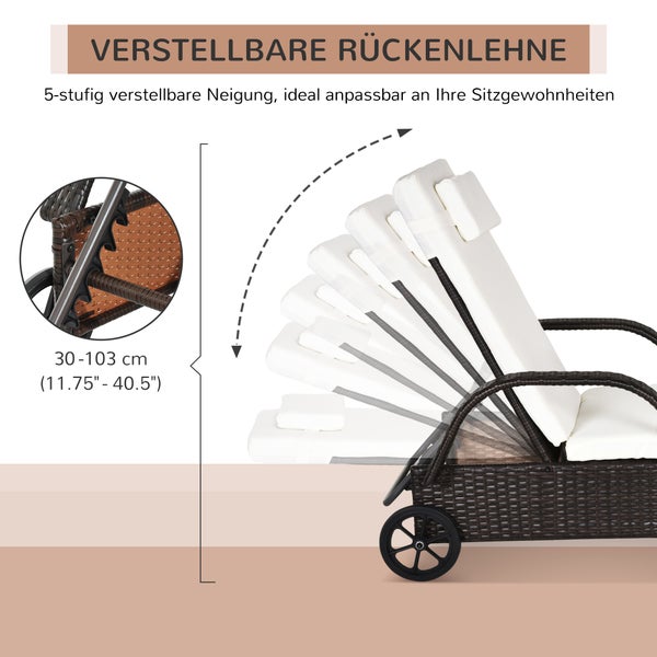 Polyrattan-Sonnenliege mit Rollen und einer 5-stufig verstellbaren Rückenlehne in einer Höhe von 30 bis 103 Zentimeter.