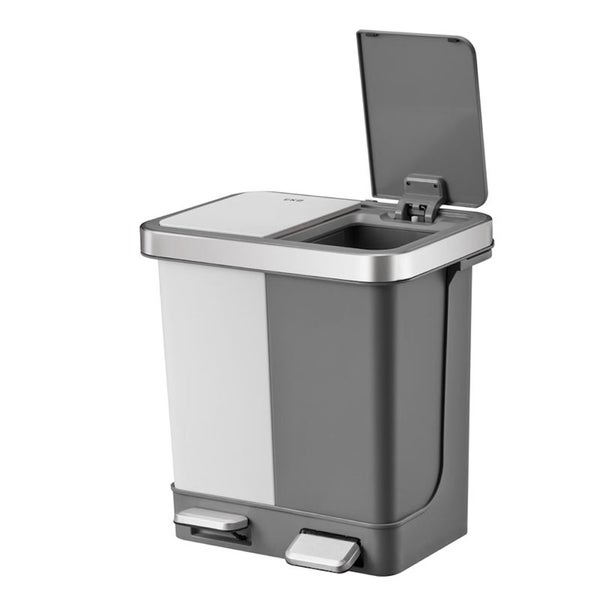 PROREGAL Funktionale Treteimer Aus Kunststoff Mit Soft Close Deckel 20 Liter HxBxT 40 x 39,5 x 29,6 cm 2 Kunststoff Innenbehälter Weiß&Grau