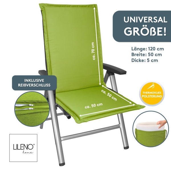 Grüne Hochlehner-Gartenstuhlauflage von Lileno Home mit Maßen circa 120 mal 50 Zentimeter, Reißverschluss und Thermovlies-Polsterung.