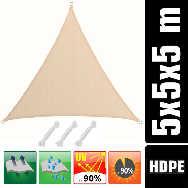 AMANKA UV Sonnensegel - 5x5x5 m HDPE Dreieck - Sonnenschutz Plane Überdachung Balkon Garten Beige
