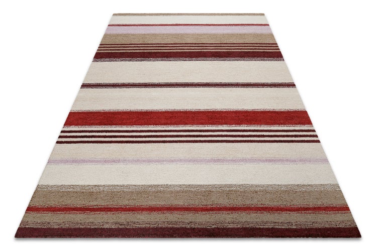Gestreifter Teppich mit horizontalen Linien in Rot, Beige, Braun und hellem Violett.