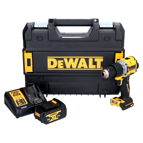 Schwarz-gelbes DeWalt Akku-Bohrschrauber Set mit 18 Volt 4,0 Amperestunden Akku, Ladegerät und Transportkoffer.