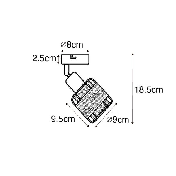 Technische Zeichnung einer Wandleuchte mit den Maßen 8 cm, 2,5 cm, 18,5 cm, 9,5 cm und 9 cm Durchmesser