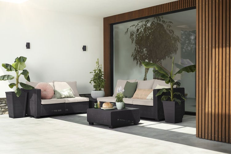 Allibert Salta Gartenmöbel Set mit Gartensofa und Esstisch Wetterfeste Rattanoptik Gartenlounge