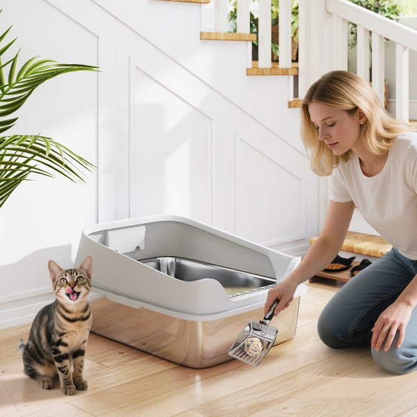 Eine Frau reinigt eine Katzentoilette aus Edelstahl mit hohem Rand und einer Schaufel in einem hellen Zimmer neben einer Katze.